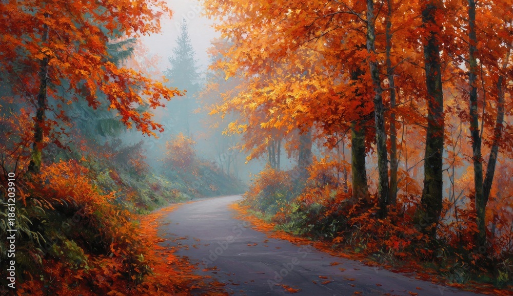 Fototapeta premium Winding road through forest ablaze with fiery red and orange autumnal foliage