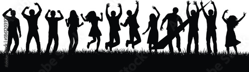 Group celebration silhouette, jumping people, black and white illustration, joyful poses, unity concept, grassy ground, expressive movement, social energy