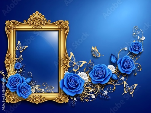 Golden ornate mirror with blue roses and butterflies