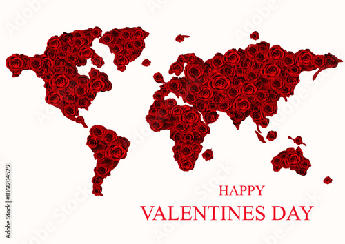 Happy Valentines Day, world map in rose pattern. Love in Earth concept. Vector stock illustration