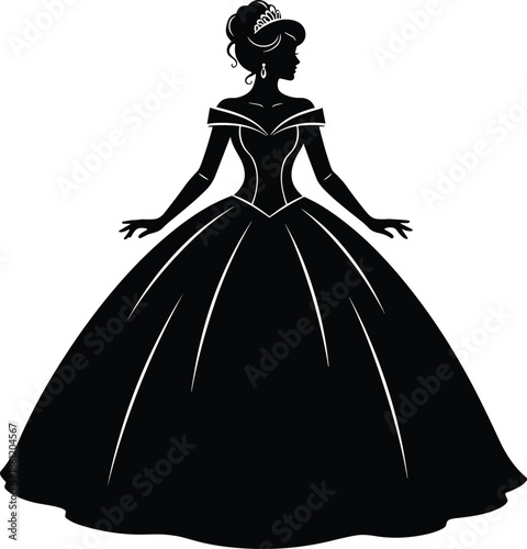 Princess silhouette, elegant ball gown, black and white illustration, tiara hairstyle, formal fashion, graceful pose, fairy tale beauty