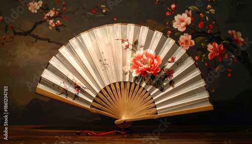 Elegant Japanese Hand Fan with Floral Design on a Dark Background.