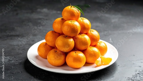 Pyramid of Fresh Oranges on a White Plate with Citrus Slices.