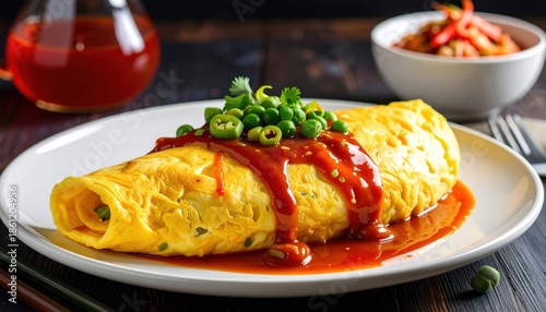 Delicious Omurice with Ketchup and Green Onions on a White Plate.