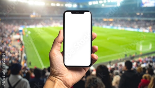 Hand holding a smartphone with a blank white screen at a crowded football stadium 1.