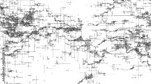 Black and white abstract network of lines and dots forming a dense pattern 1