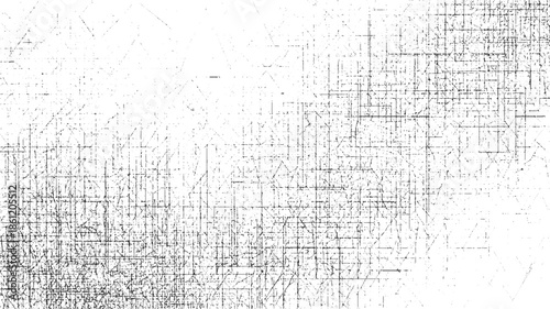 Black and white abstract linear pattern with distressed texture and scattered dots background