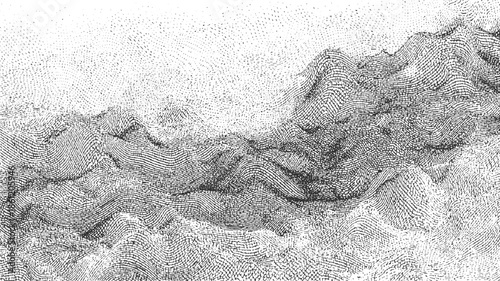 Black and white abstract topographic map texture with stippled hills and valleys pattern