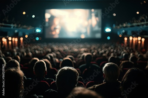 Auditorium scene, showcasing seated audience viewing the movie projected on screen