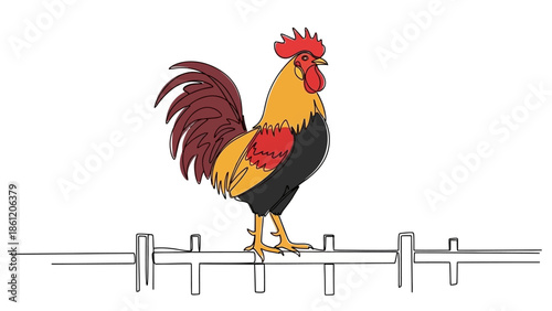 Rooster on fence, colorful rooster illustration