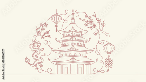 chinese temple pagoda line art