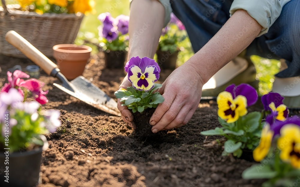 Fototapeta premium a photograph of a gardener's hands gently placing flower into the soil