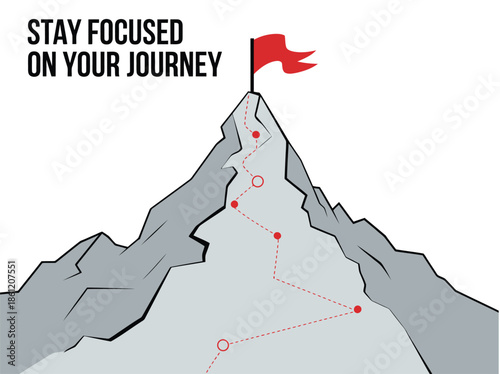 Journey concept vector illustration of a mountain with a path and a flag at the top, showing the route to the peak, ideal for adventure, travel, goal achievement, and outdoor design projects.