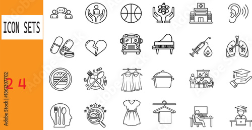 Set of medical, education, food, and lifestyle icons for presentations and graphic design