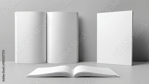 Books  White blank books are arranged on a pale surface against gray wall