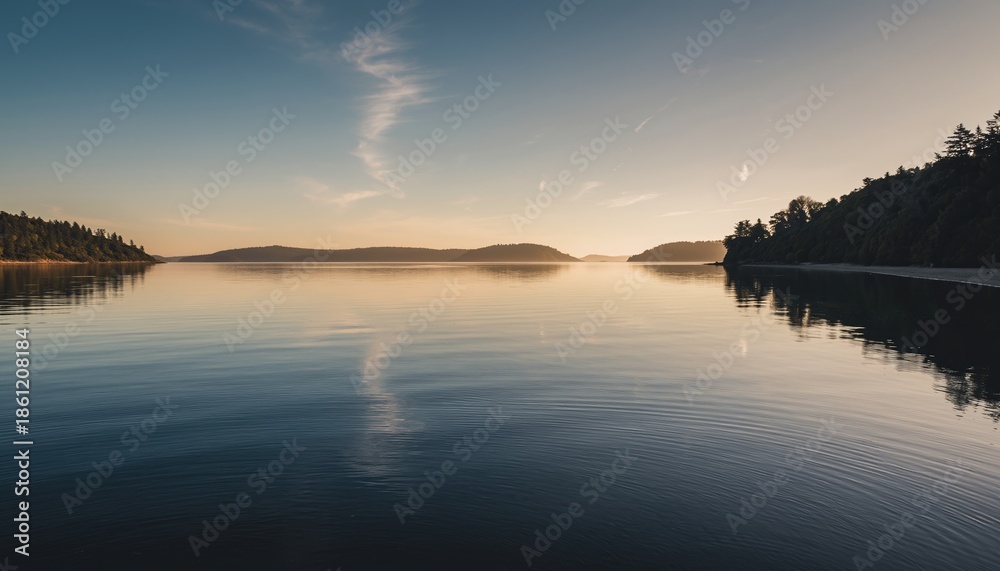 Fototapeta premium Calm water reflects hills and sky at sunrise