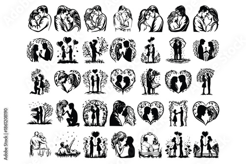 romantic, couple, silhouette, collection, love, romance, relationship, valentine, wedding, engagement, heart, illustration, art, design, set, black, white, icon, concept, bundle