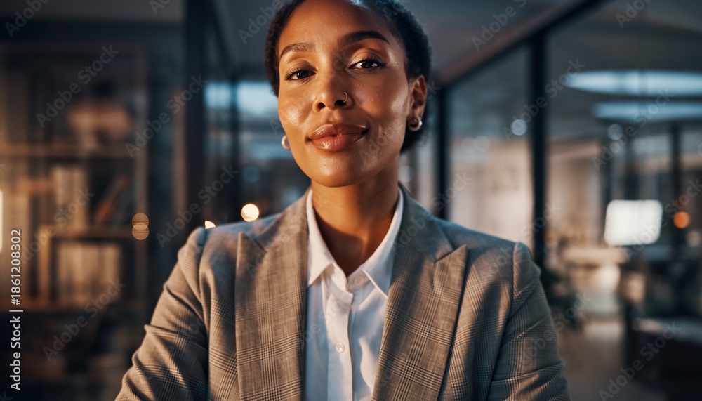 Fototapeta premium Woman in business suit looks forward in office at night