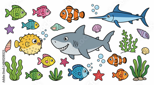 Underwater Sea Creatures Vector Illustration | Colorful Cartoon Marine Life with Shark, Fish, Plants, and Bubbles | Fun Educational Ocean Graphic for Kids and Decor
