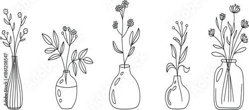 Elegant wildflower bouquets in glass vases line art vector set, botanical floral arrangement, and garden plants for home decor