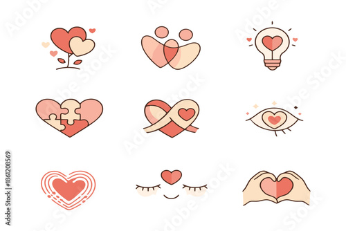 Abstract Love Metaphor Icons with Puzzle Heart Growth and Concept Idea Symbols