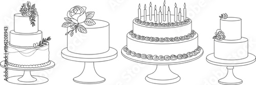 Elegant celebration cakes line art vector set, tiered wedding cake with flowers, and birthday cake with candles on stands