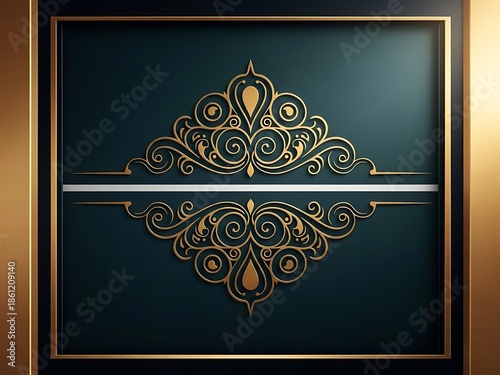 Ornate gold design on dark green background with reflection