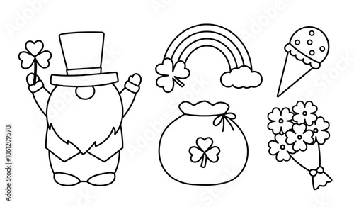 St. Patrick's Day element Coloring pages and templates collection.
Includes gnome, clover, money bag, rainbow,coins,  ice cream, and bouquet.