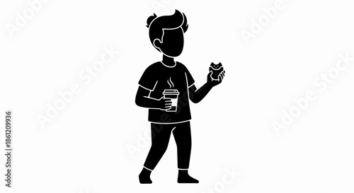 Black silhouette man eating snack, holding coffee cup and small food item. Man eating snack, enjoying quick break with convenient beverage and light treat.