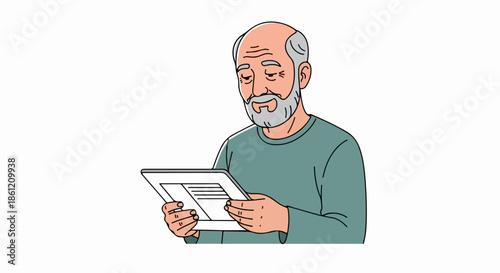 Senior man tablet drawing portrays older gentleman, gray hair, beard, focused on screen. Senior man tablet use illustrates digital literacy, seniors embracing technology for connection.