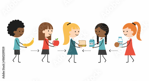 Diverse cartoon children engaged in food sharing activity, each passing healthy items like a banana, apple, sandwich, milk, and water bottle.