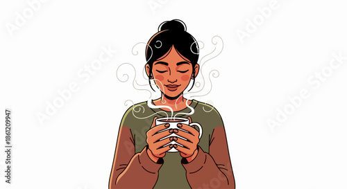 Peaceful person enjoying warm drink, closed eyes conveying comfort and serenity from steaming mug. Illustrated character embraces quiet moment with cozy warm drink, finding relaxation and self care.
