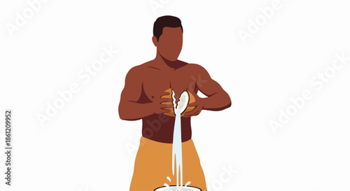Coconut milk extraction by strong man squeezing fresh coconut pulp into a bowl, yielding creamy white liquid. Traditional coconut milk preparation for tropical cuisine,