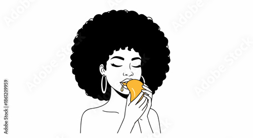 Woman eating food with closed eyes, large afro hairstyle depicted in minimalist illustration. Young female enjoying eating food, savoring taste and moment.