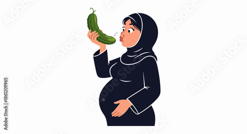 Illustration shows pregnancy craving with muslim woman in hijab holding a cucumber. Woman experiencing pregnancy craving wears traditional black abaya, gently touching belly,