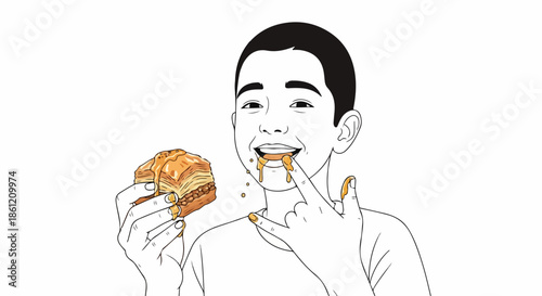 Messy eating sweet pastry with sticky syrup on face and fingers. Happy child enjoying messy eating of delicious breakfast croissant, dripping honey. Concept messy eating for fun food moments.