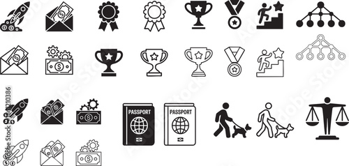 a collection of black and white icons depicting achievements success travel and legal concepts including rockets awards and passports high quality professional detailed modern elegant stylish