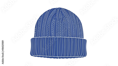 A detailed illustration of a cozy blue knit beanie hat with a ribbed texture and rolled brim