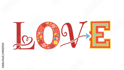 Decorative 'LOVE' lettering design, featuring a blend of colorful floral motifs, modern geometric patterns, and elegant calligraphic strokes for expressing affection