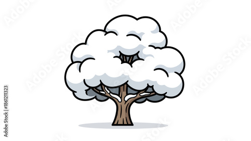 Stylized illustration of a snow-covered deciduous tree with a thick trunk and branches