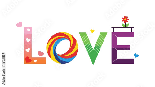 Colorful Love Word Art with Hearts and Flower Pot - A Vibrant Celebration of Affection