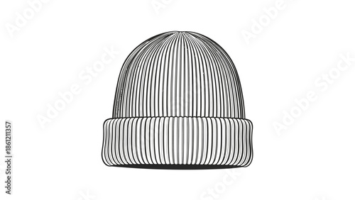 A detailed line drawing of a simple, knitted beanie hat in a classic style on a white background