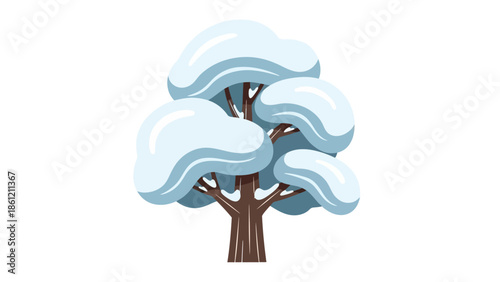 Cartoon winter tree covered in snow, isolated on white background, vector illustration