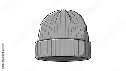 Grey Knitted Beanie Hat Illustration Cozy Winter Headwear Accessory Vector Art for Cold Weather Style and Comfort