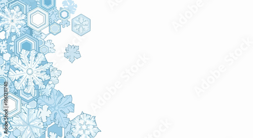 Blue winter background illustration with intricate ice crystal shapes, frosty patterns forming decorative border. Digital art creates delicate winter background design, perfect for greeting cards,
