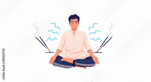Meditation man sits in peaceful lotus position, surrounded by aromatic incense sticks. Serene meditation man cultivates inner calm, spiritual balance, practicing deep mindfulness.