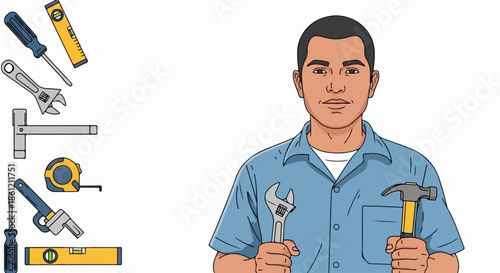 Handy man holding hand tools, wrench and hammer, prepared for home repair. Assorted hand tools, including screwdrivers, tape measure, and levels, represent complete equipment.