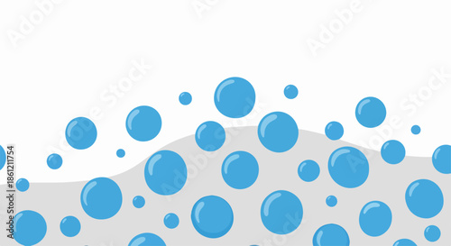 Floating blue bubbles on abstract grey liquid surface, effervescent blue bubbles rising in bubbly solution, creating dynamic pattern.