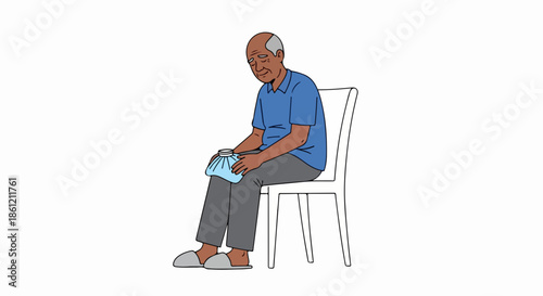 Senior man suffering knee pain holding ice pack on leg. Elderly person experiencing knee pain, sitting on chair with cold compress. Concept knee pain for health clinics and medical advertisements.