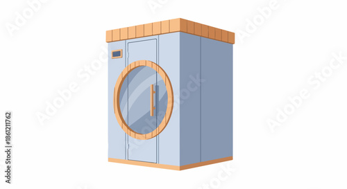 Cartoon sauna cabin illustration, modern design with rounded glass door and light wooden trim. Inviting sauna cabin provides relaxing atmosphere for home spa or wellness center.